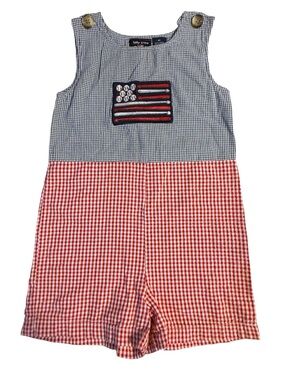 Vintage Baby Crew USA Baseball Flag Gingham Jon Jon Shortall Romper 4T Patriotic